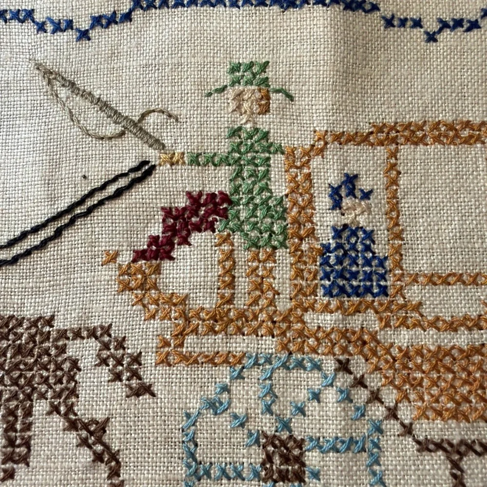 Vtg  1950 Completed Cross Stitch Travel East West After All Home is Best 12 X 9